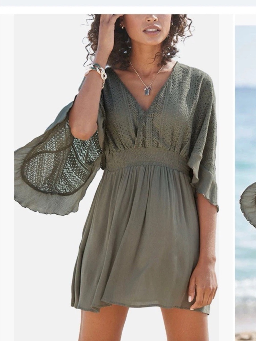 LASCANA V-Neck Olive Green Crochet Sleeve Mini Swimsuit Cover Up